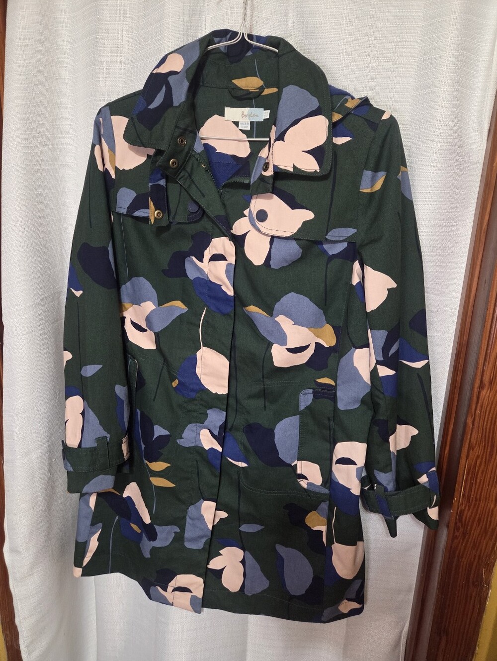 Boden Ladies Rain Coat Green Flowers Camo Style With Hood Fleece Lined